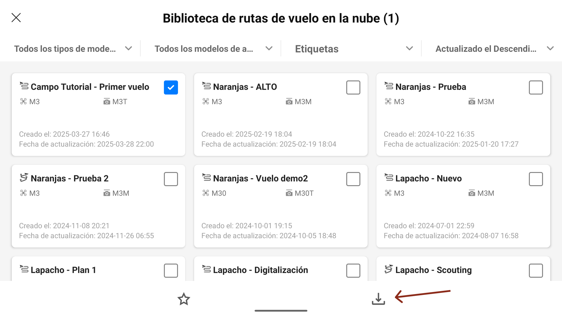 Seleccionar el plan de vuelo en Biblioteca